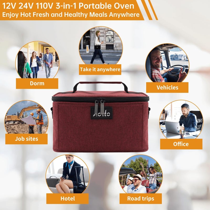 Aotto Portable Oven, Electric Lunch Box Food Heater - 12V/24V/110V 3-in-1 Car Food Warmer - Heated Lunch Box for Adults - Cook, Reheat & Keep Meals Warm for Car, Truck, Travel, Work, Home - Red - Image 5